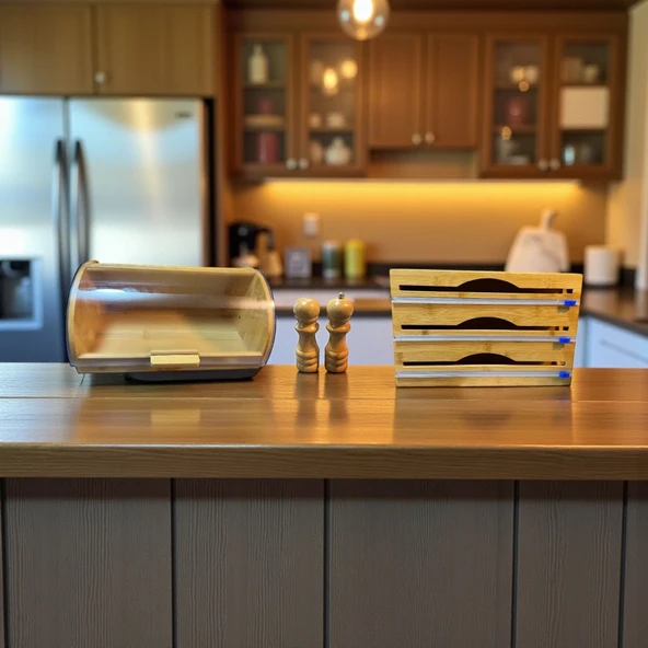 Bambu ekmeklik  ekmek dolabı - streç flim folyoluk tuzluk karaberlik 4 lü set - Resim 4