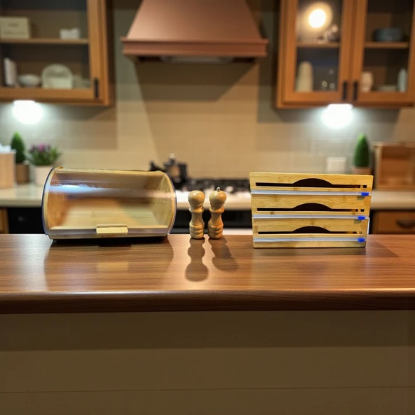 Bambu ekmeklik  ekmek dolabı - streç flim folyoluk tuzluk karaberlik 4 lü set ürün görseli 1