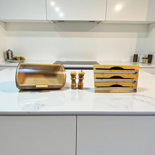 Bambu ekmeklik  ekmek dolabı - streç flim folyoluk tuzluk karaberlik 4 lü set - Resim 5