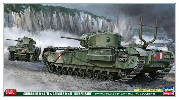 Hasegawa 30043 1/72 Ölçek, Churchill Mk.I/II ve Daimler Mk.II (Dieppe Raid) Tankları, Plastik Model Kiti