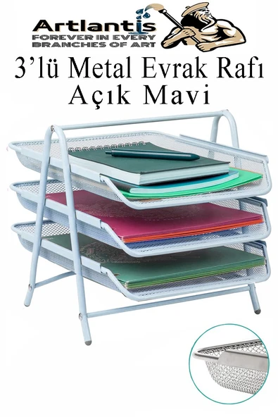 Evrak Rafı Metal 3 lü Mavi 1 Paket Masaüstü A4 Dosya Düzenleyici Kağıt Tepsisi Metal Çelik Fileli Dört Katlı Hareketli