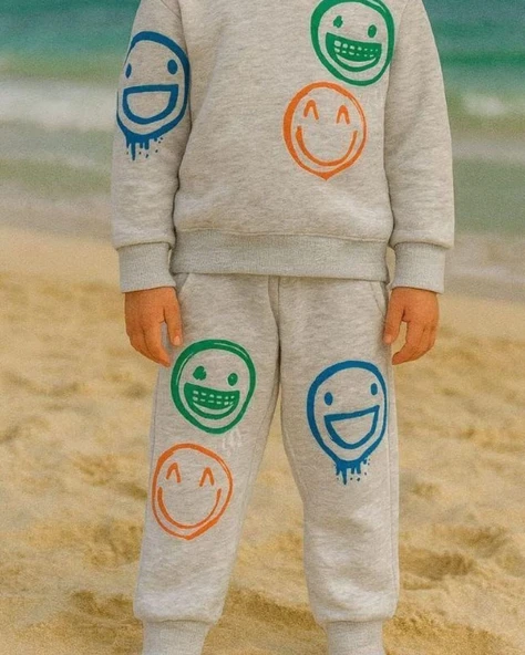 Cg Kids Smiley Renkli Gülenyüz Erkek Çocuk 3 İplik Şardonlu, Kapşonlu Alt Üst Takım Süper Kalite Kumaş - 3