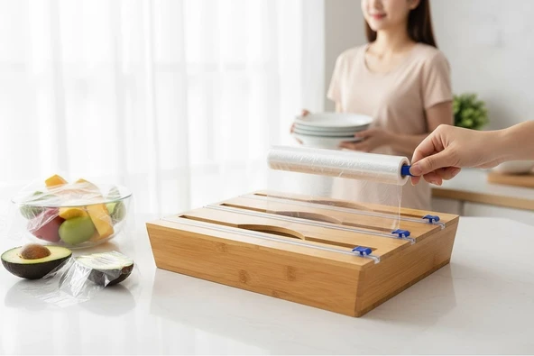 Bambu ekmeklik  ekmek dolabı - streç flim folyoluk tuzluk karaberlik 4 lü set - Resim 2