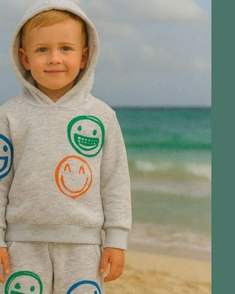 Cg Kids Smiley Renkli Gülenyüz Erkek Çocuk 3 İplik Şardonlu, Kapşonlu Alt Üst Takım Süper Kalite Kumaş - 2