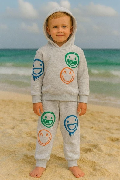 Cg Kids Smiley Renkli Gülenyüz Erkek Çocuk 3 İplik Şardonlu, Kapşonlu Alt Üst Takım Süper Kalite Kumaş