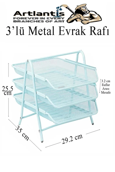Evrak Rafı Metal 3 lü Mavi 1 Paket Masaüstü A4 Dosya Düzenleyici Kağıt Tepsisi Metal Çelik Fileli Dört Katlı Hareketli - 2
