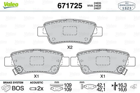 VALEO 671725 ARKA FREN BALATA HONDA CR-V 2.2L N22A CTDi dizel RE6 06-> / CR-V 2.0L R20 benzinli RE5 otomatik vite s 07-15 / CR-V 1.6L N16A2 RE6 İ-DTEC dizel 4x2 4x4 13-> 43022SWWG01-43022SWWG02-43022S ürün görseli 1