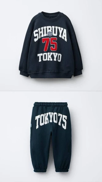 Cg Kids Tokyo baskılı lacviert 3 iplik Erkek çocuk Alt Üst Takım Süper Kalite Kumaş - 2