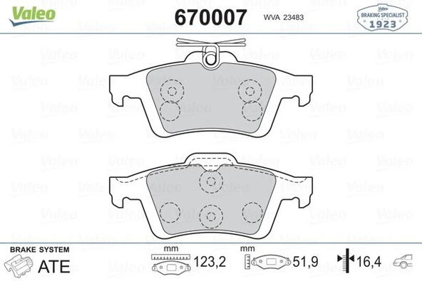 VALEO 670007 ARKA BALATA FOCUS II CMAX 03> CONNECT 02> LAGUNA III 07> OPEL VECTRA C 02> SIGNUM 03> CITROEN C5 08> PEUGEOT P508 10>18 1647875980-4254.A8 3M512M008AC-440601689R-93192623 ürün görseli 1
