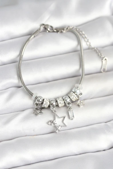 Pirinç Gümüş Renk Yıldız Charmlı Kadın Bileklik - TJ-BB7994 ürün görseli