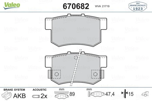 VALEO 670682 ARKA FREN BALATA HONDA CIVIC 1.6L D16 VTEC VTI 01-05 / 1.4L 1.6L 96-01 / 1.6L R16A2 VTEC SEDAN 06-> / ACCORD 2.0L F20 90-98 / LEGEND 3.2L 91-96 / SUZUKI SX4 1.6L M16A RW416 05-> 43022S5AJ ürün görseli 1