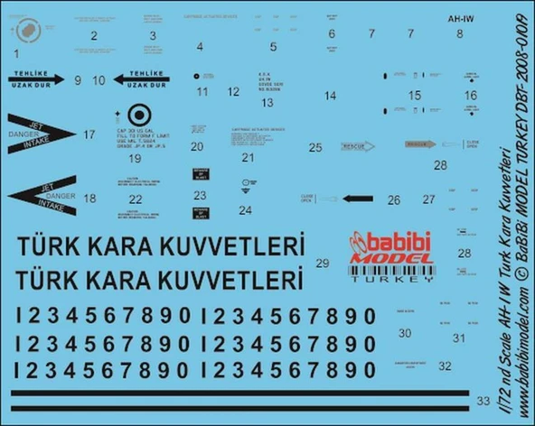 Babibi DBT01019 1/72 Ölçek, AH-1W, Türk Kara Kuvvetleri, Dekal Çıkartma - 2