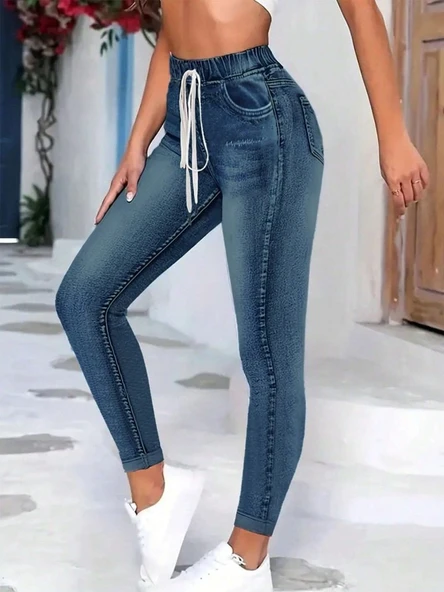 Kadın Belden Bağlamalı Cepli Yüksek Bel Kot Pantolon ürün görseli 1