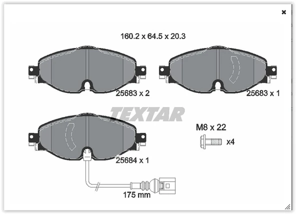 TEXTAR 2568301 ÖN BALATA GOLF7-A3-LEON-TIGUAN-PASSAT-OCTAVIA-SUPERB 12 > 8V0698151-2K5698151-5Q0698151B ürün görseli 1