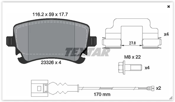 TEXTAR 2332602 ARKA BALATA TRANSPORTER T5 T6 04 > FİŞLİ 7H0698451-7H0698451B-7H0698451A ürün görseli 1