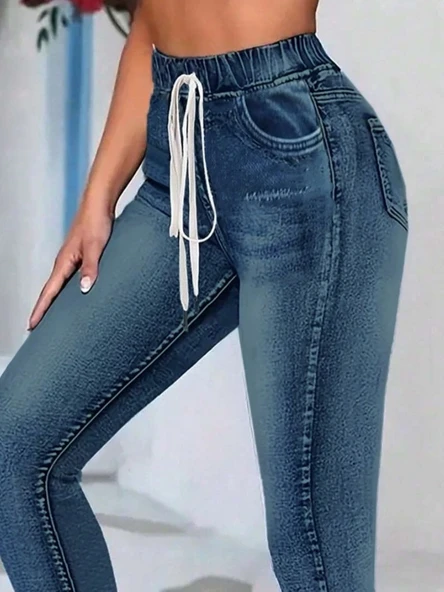 Kadın Belden Bağlamalı Cepli Yüksek Bel Kot Pantolon - Resim 2