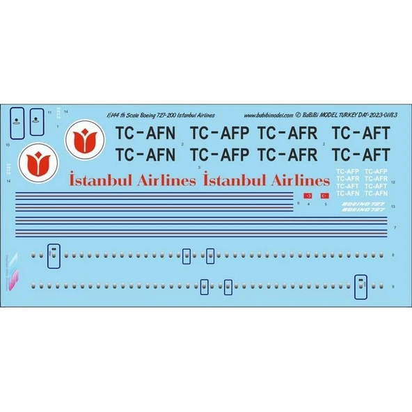 Babibi DAT-01183 1/144 Ölçek, İstanbul Hava Yolları Boeing 727-200, Dekal Çıkartma - Resim 3