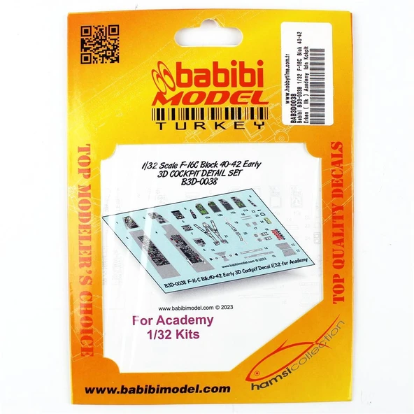 Babibi BD3-0038 1/32 Ölçek, F-16C Blok 40-42 Erken ( İlk ) Academy İçin Kokpit Seti, Dekal Çıkartma ürün görseli
