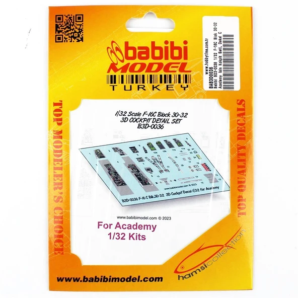Babibi BD3-0036 1/32 Ölçek, F-16C Blok 30-32 Academy İçin Kokpit Seti, Dekal Çıkartma ürün görseli
