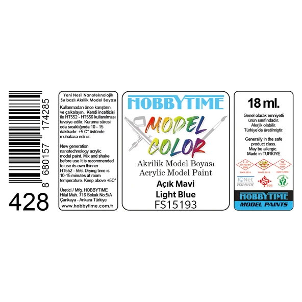 Hobbytime 428 18 ml. FS15193 Açık Mavi (Light Blue), Akrilik Model Boyası - Resim 2