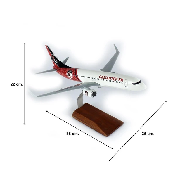 THY017 1/100 Ölçek, THY Gaziantep Spor Logolu B737-800 Yolcu Uçağı, Sergilemeye Hazır Ahşap Standlı Model - Resim 5