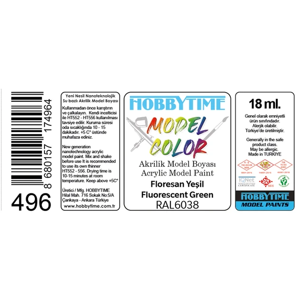 Hobbytime 496 18 ml. Floresan Yeşil, RAL6038 (Fluo.Green), Akrilik Model Boyası - Resim 2