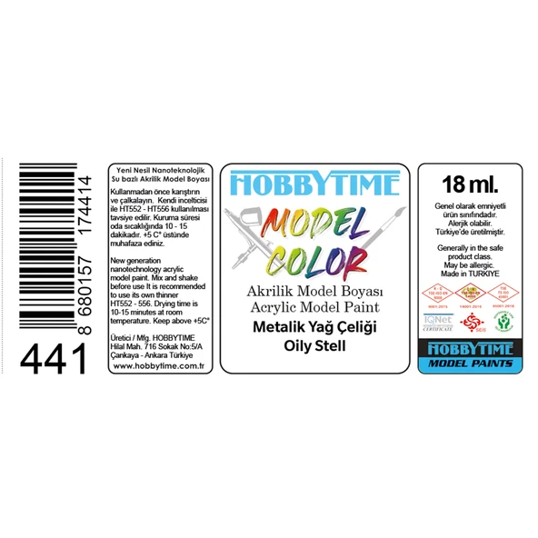 Hobbytime 441 18 ml. Metalik Yağ Çeliği (Oily Stell), Akrilik Model Boyası - Resim 2