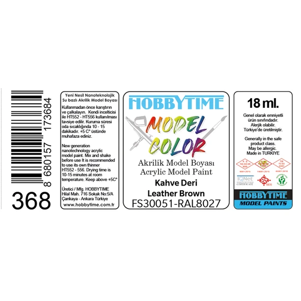 Hobbytime 368 18 ml. FS30051, RAL8027, Kahve Deri (Leather Brown), Akrilik Model Boyası - Resim 2
