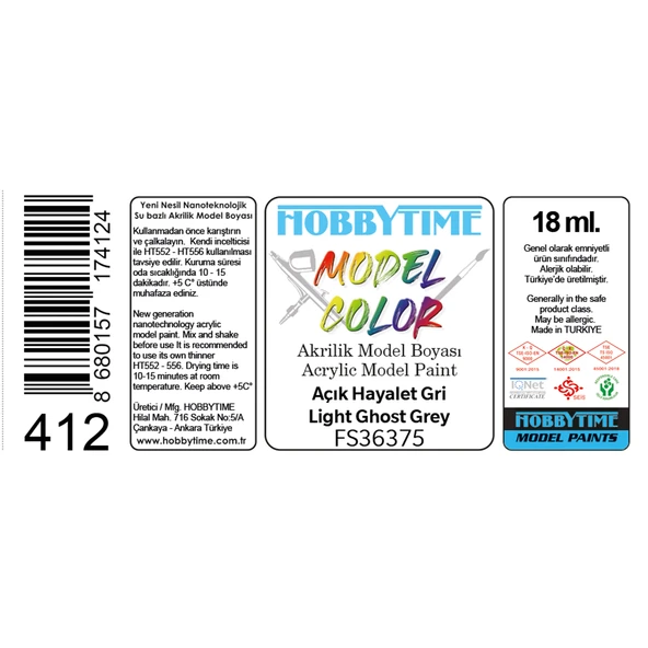 Hobbytime 412 18 ml. FS36375, Açık Hayalet Gri (Light Ghost Grey), Akrilik Model Boyası - Resim 2
