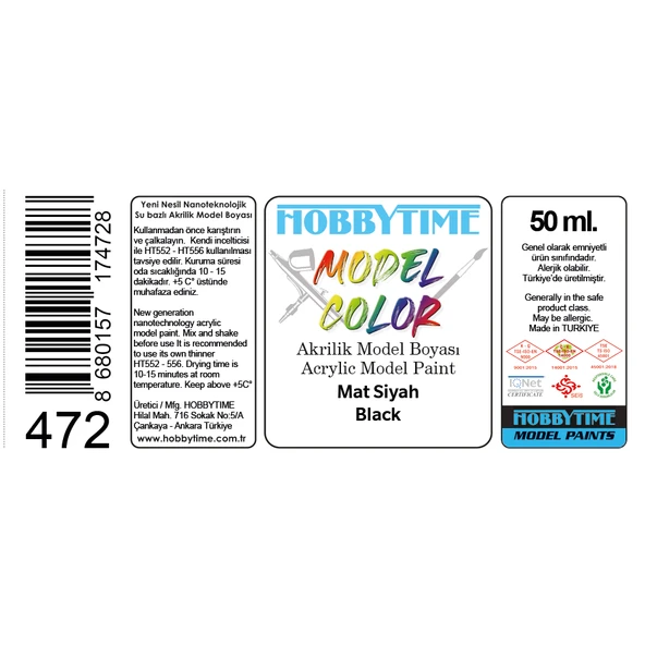 Hobbytime 472 50 ml. Mat Siyah (Black ), Akrilik Model Boyası - Resim 2