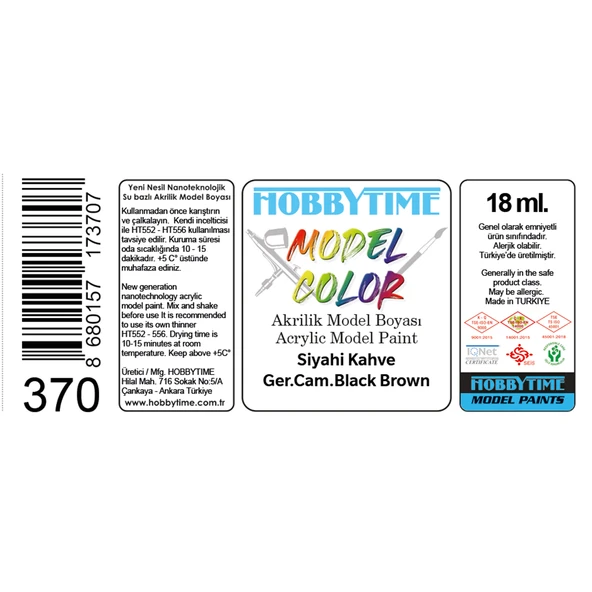 Hobbytime 370 18 ml. Siyahi Kahve (Ger.Cam.Black Brown), Akrilik Maket Boyası - Resim 2