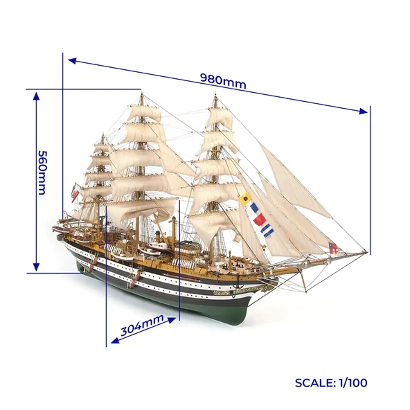 Occre 15006 1/100 Ölçek, Amerigo Vespucci, 98 cm. Yelkenli İtalyan Askeri  Eğitim Gemisi, Ahşap Model Kiti - Resim 5