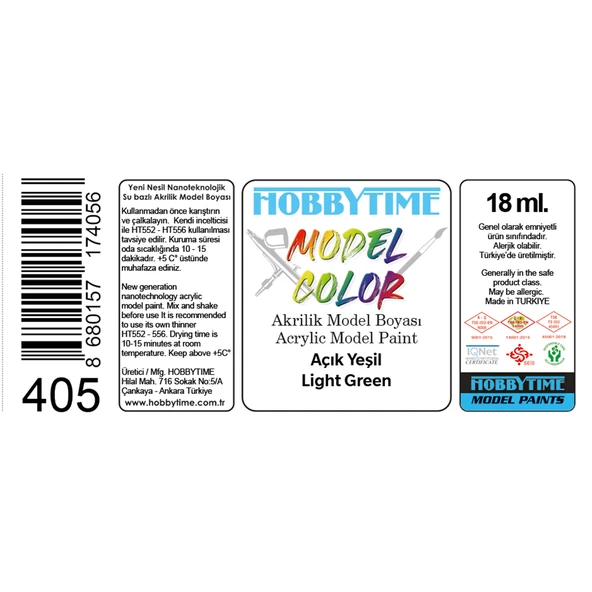 Hobbytime 405 18 ml. Açık Yeşil Light Green), Akrilik Model Boyası - Resim 2