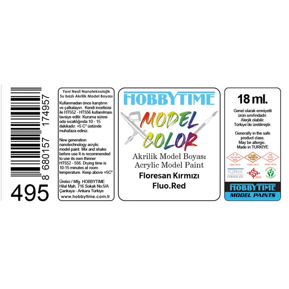 Hobbytime 495 18 ml. Floresan Kırmızı (Fluo.Red), Akrilik Model Boyası - Resim 2