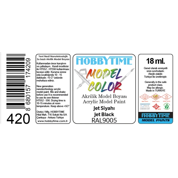 Hobbytime 420 18 ml. RAL9005, Jet Siyahı (Jet Black), Akrilik Model Boyası - Resim 2