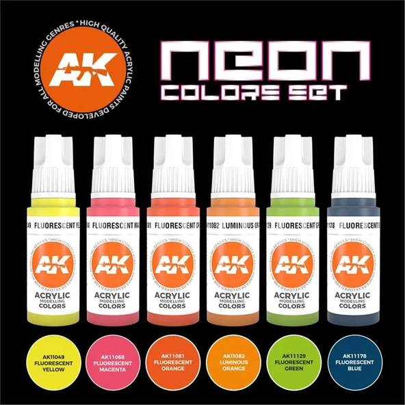 AK 11610 6x17 ml. Neon Renkleri, Akrilik Model Boyası Seti - Resim 3