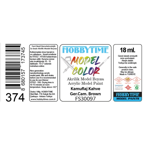 Hobbytime 374 18 ml. FS30097, Kamuflaj Kahve (Ger.Cam. Brown), Akrilik Model Boyası - Resim 2