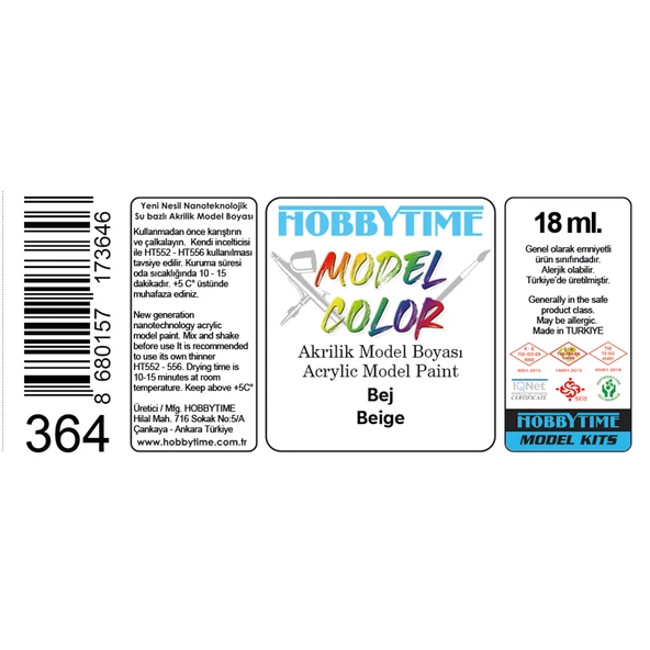 Hobbytime 364 18 ml. Bej (Beige), Akrilik Model Boyası - Resim 2