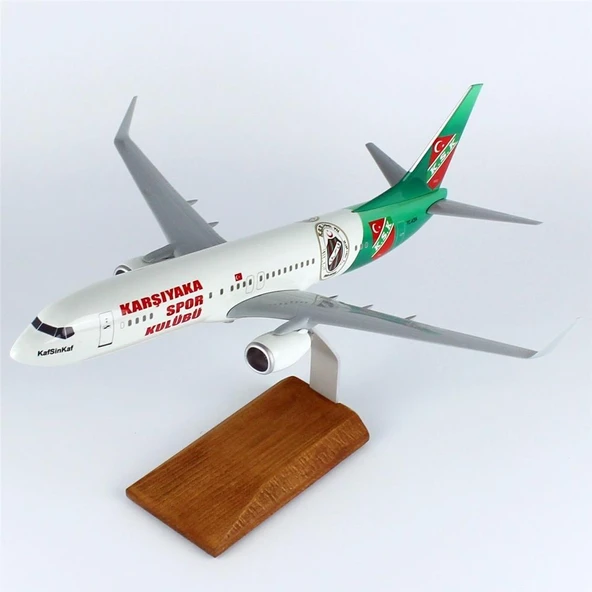 THY038 1/100 Ölçek, THY Karşıyaka Spor Logolu B737-800 Yolcu Uçağı, Sergilemeye Hazır Ahşap Standlı Model - Resim 2