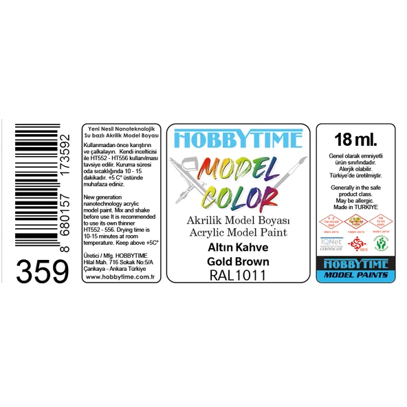 Hobbytime 359 18 ml. RAL1011 Altın kahve (Gold Brown), Akrilik Model Boyası - Resim 2