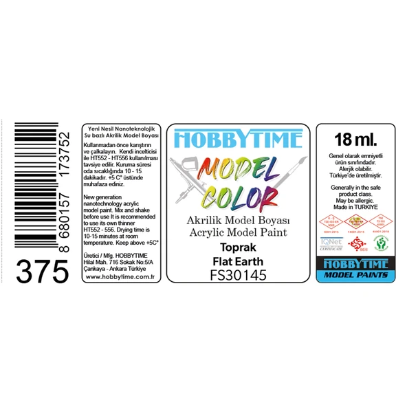 Hobbytime 375 18 ml. FS30145, Toprak (Flat Earth), Akrilik Model Boyası - Resim 2