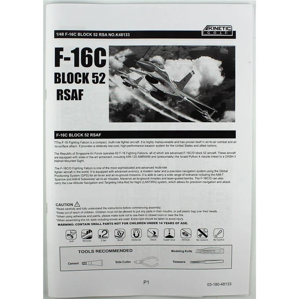 Kinetic K48133 1/48 Ölçek, F-16C Block 52 (Black Knights-Republic of Singapore Air Force) Savaş Uçağı, Plastik Model kiti - Resim 3