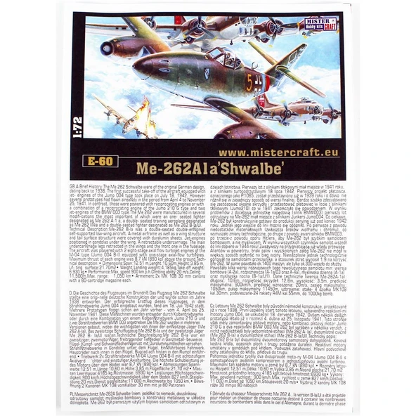 Mistercraft E060 1/72 Me-262-1A  (Schwalbe) Savaş Uçağı Plastik Model Kiti - 3