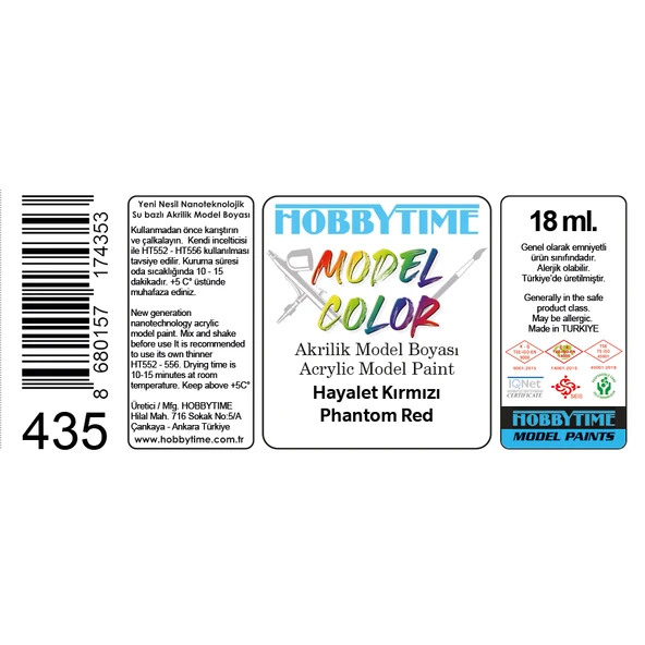 Hobbytime 435 18 ml. Hayalet Kırmızı (Phantom Red), Akrilik Model Boyası - Resim 2