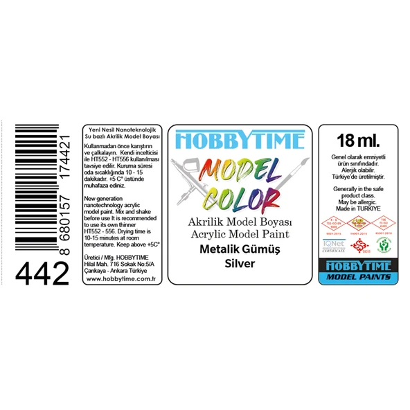 Hobbytime 442 18 ml. Metalik Gümüş (Silver), Akrilik Model Boyası - Resim 2