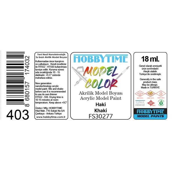 Hobbytime 403 18 ml. FS30277, Haki (Khaki),Akrilik Model Boyası - Resim 2