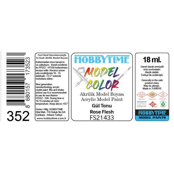 Hobbytime 352 18 ml. FS21433 Gül Tonu (Rose Flesh), Akrilik Model Boyası - Resim 2