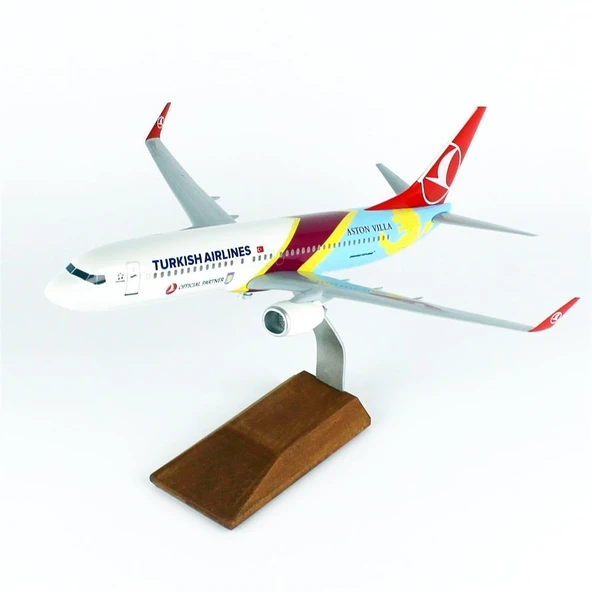 THY007 1/100 Ölçek, THY Aston Villa Logolu B737-800 Yolcu Uçağı, Sergilemeye Hazır Ahşap Standlı Model - Resim 2