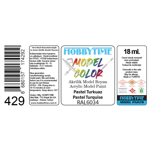 Hobbytime 429 18 ml. RAL6034 Pastel Turkuaz (Pastel Turquise), Akrilik Model Boyası - Resim 2