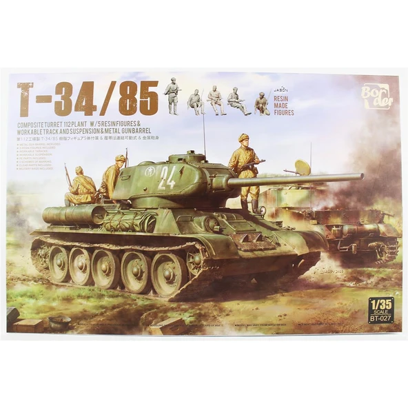 Border BT-027 1/35 Ölçek, T-34/85 Tankı, 112 Plant, Metal Namlu ve 5 Resin Figürlü, Plastik Model Kiti ürün görseli 1
